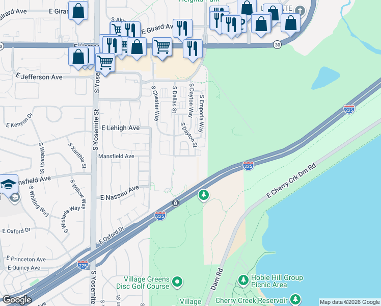 map of restaurants, bars, coffee shops, grocery stores, and more near 3865 South Dallas Circle in Aurora