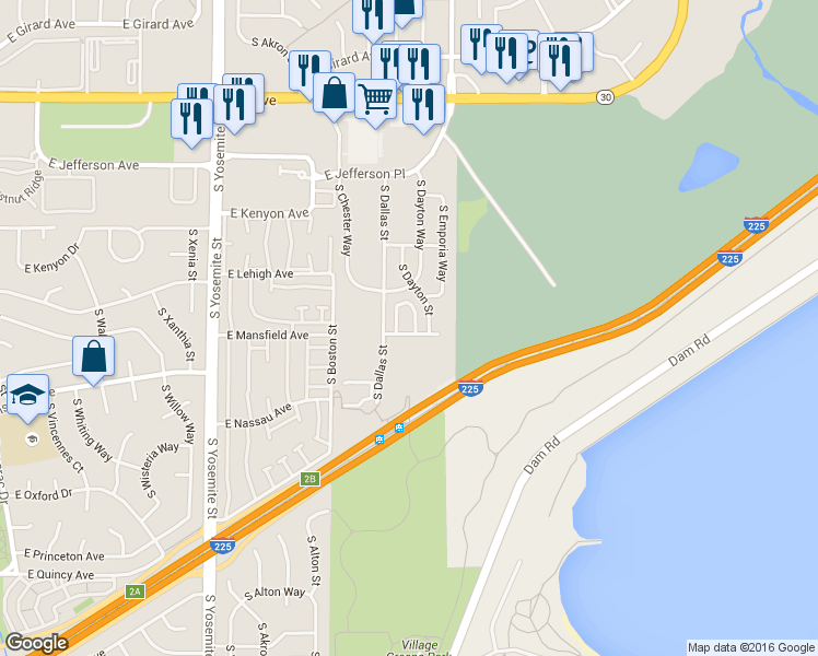 map of restaurants, bars, coffee shops, grocery stores, and more near 3865 South Dallas Circle in Aurora