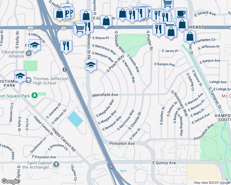 map of restaurants, bars, coffee shops, grocery stores, and more near 3884 South Niagara Way in Denver
