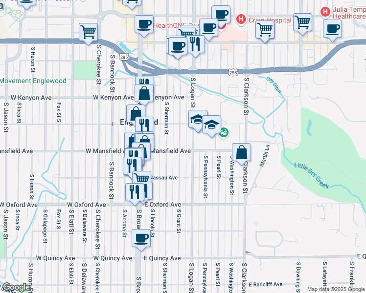 map of restaurants, bars, coffee shops, grocery stores, and more near 3859 South Logan Street in Englewood