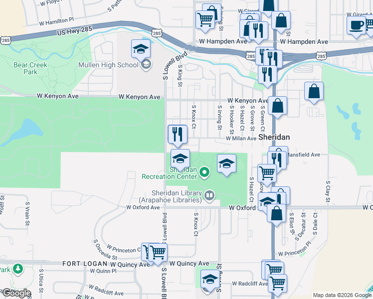 map of restaurants, bars, coffee shops, grocery stores, and more near 3866 South King Street in Denver