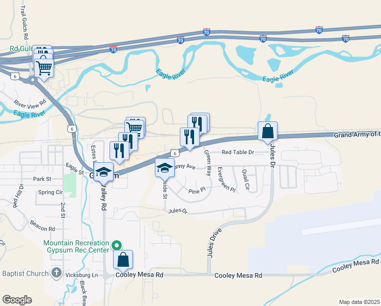 map of restaurants, bars, coffee shops, grocery stores, and more near 10654 U.S. 6 in Gypsum