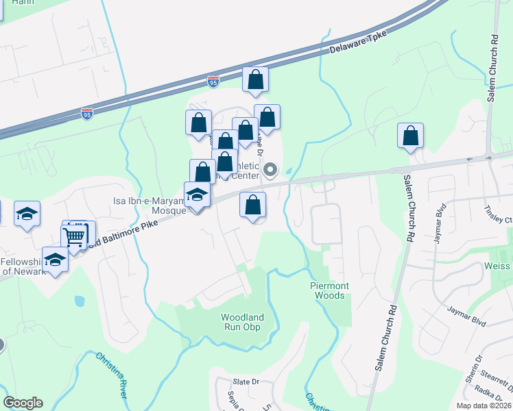 map of restaurants, bars, coffee shops, grocery stores, and more near 662 South Old Baltimore Pike in Newark