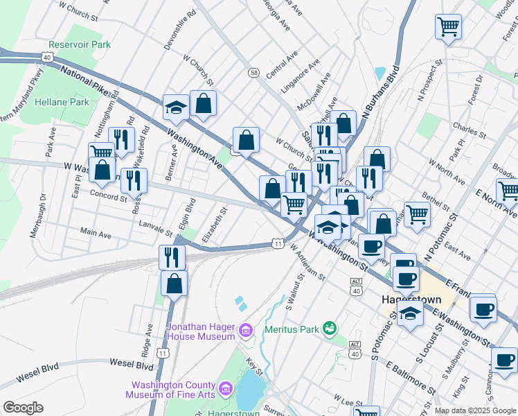 map of restaurants, bars, coffee shops, grocery stores, and more near W Antietam St & Washington Ave in Hagerstown