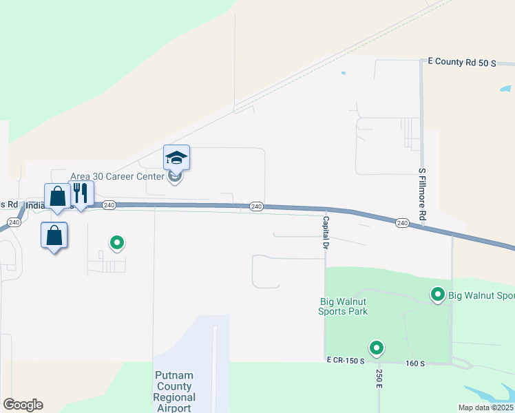 map of restaurants, bars, coffee shops, grocery stores, and more near 2128 East State Road 240 in Greencastle