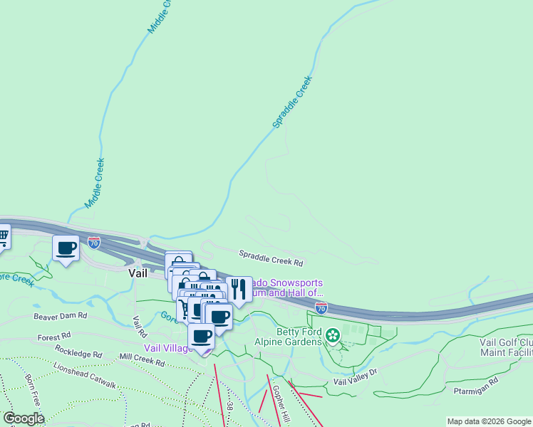 map of restaurants, bars, coffee shops, grocery stores, and more near 1326 Spraddle Creek Road in Vail