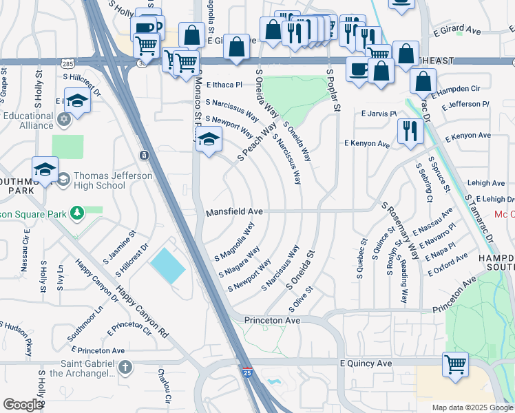 map of restaurants, bars, coffee shops, grocery stores, and more near 3884 South Niagara Way in Denver