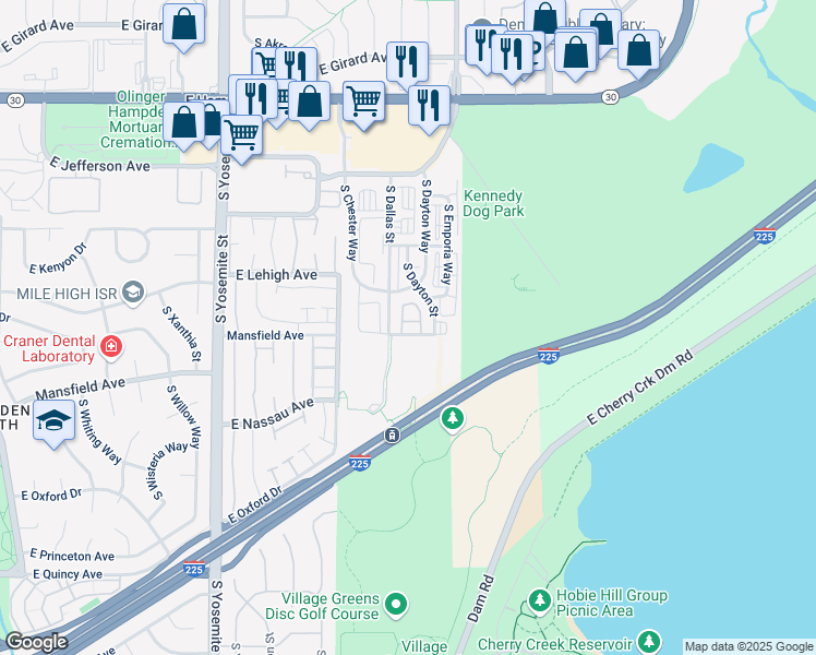 map of restaurants, bars, coffee shops, grocery stores, and more near 3865 South Dallas Circle in Aurora