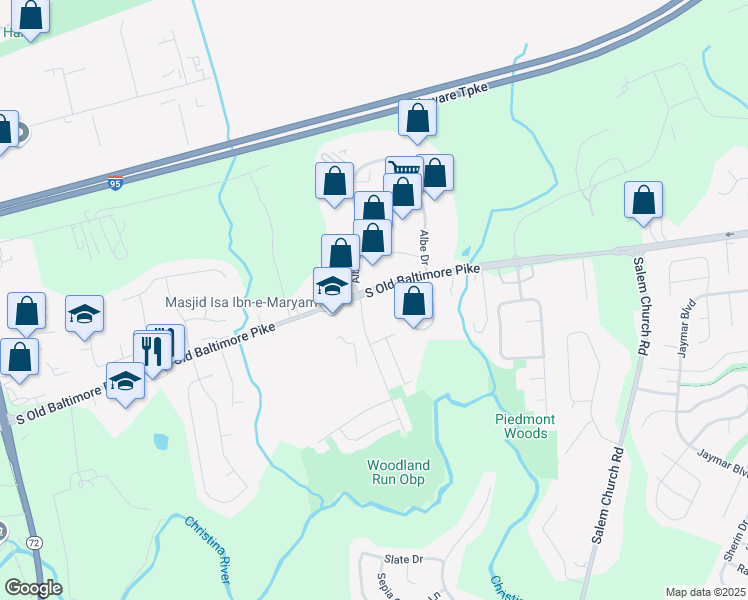 map of restaurants, bars, coffee shops, grocery stores, and more near 4 Deer Run Drive in Newark