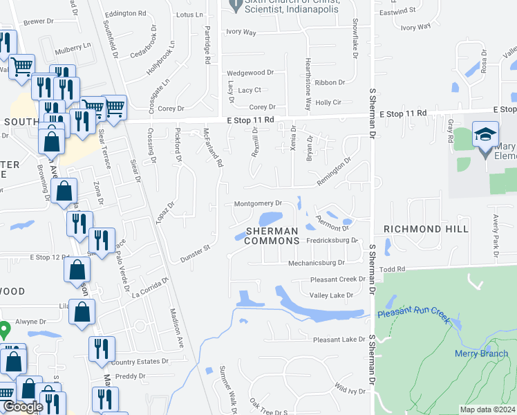 map of restaurants, bars, coffee shops, grocery stores, and more near 3329 Montgomery Drive in Indianapolis