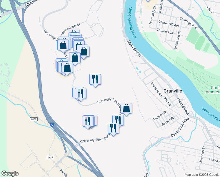 map of restaurants, bars, coffee shops, grocery stores, and more near 6003 University Town Centre Drive in Morgantown
