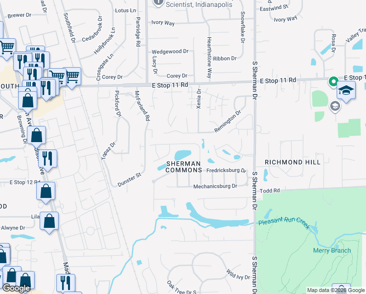 map of restaurants, bars, coffee shops, grocery stores, and more near 3410 Montgomery Drive in Indianapolis