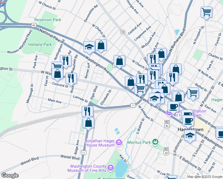 map of restaurants, bars, coffee shops, grocery stores, and more near 8 Elizabeth Street in Hagerstown