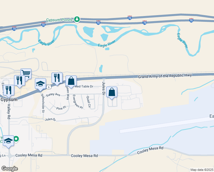 map of restaurants, bars, coffee shops, grocery stores, and more near 138 Nighthawk Circle in Gypsum