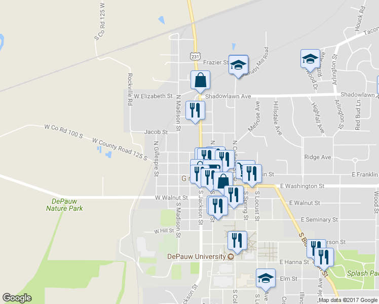 map of restaurants, bars, coffee shops, grocery stores, and more near 201 West Liberty Street in Greencastle