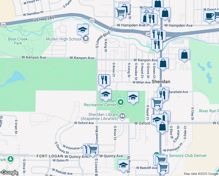 map of restaurants, bars, coffee shops, grocery stores, and more near 3866 South King Street in Denver