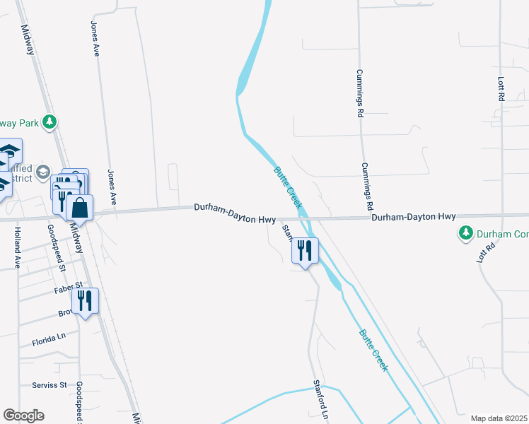 map of restaurants, bars, coffee shops, grocery stores, and more near 2118 Durham-Dayton Highway in Durham
