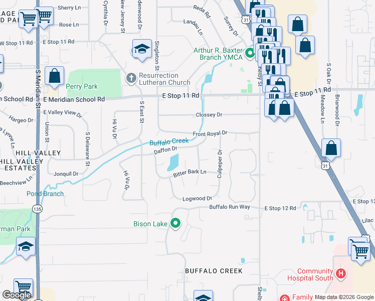 map of restaurants, bars, coffee shops, grocery stores, and more near 718 Daffon Drive in Indianapolis