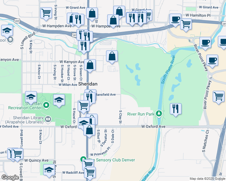map of restaurants, bars, coffee shops, grocery stores, and more near 2707 West Mansfield Avenue in Englewood
