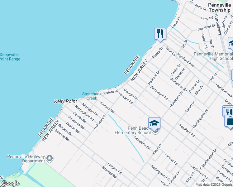 map of restaurants, bars, coffee shops, grocery stores, and more near 92 Riviera Drive in Pennsville