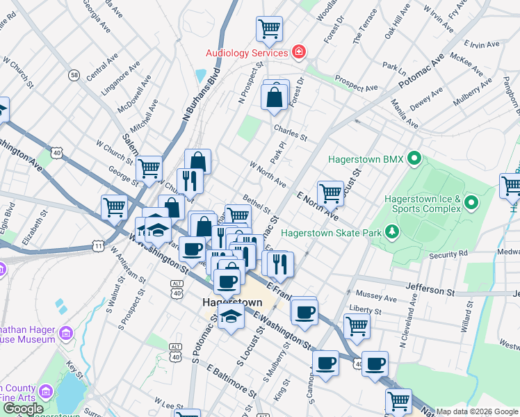 map of restaurants, bars, coffee shops, grocery stores, and more near 27 Bethel Street in Hagerstown
