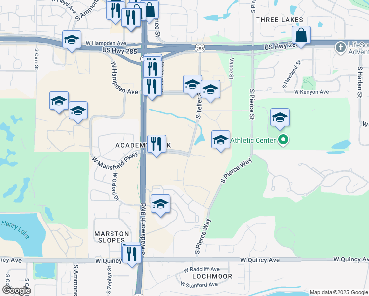 map of restaurants, bars, coffee shops, grocery stores, and more near 7201 West Mansfield Avenue in Lakewood
