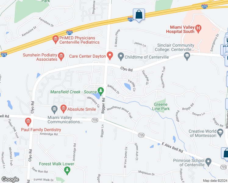 map of restaurants, bars, coffee shops, grocery stores, and more near 6734 Nestle Creek Lane in Centerville