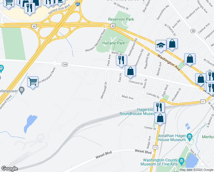 map of restaurants, bars, coffee shops, grocery stores, and more near 232 Merrbaugh Circle in Hagerstown