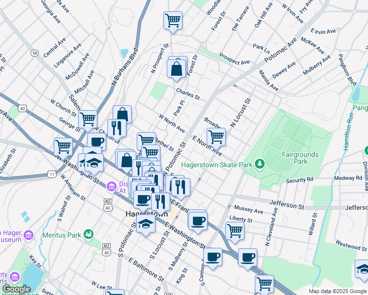 map of restaurants, bars, coffee shops, grocery stores, and more near 318 North Potomac Street in Hagerstown