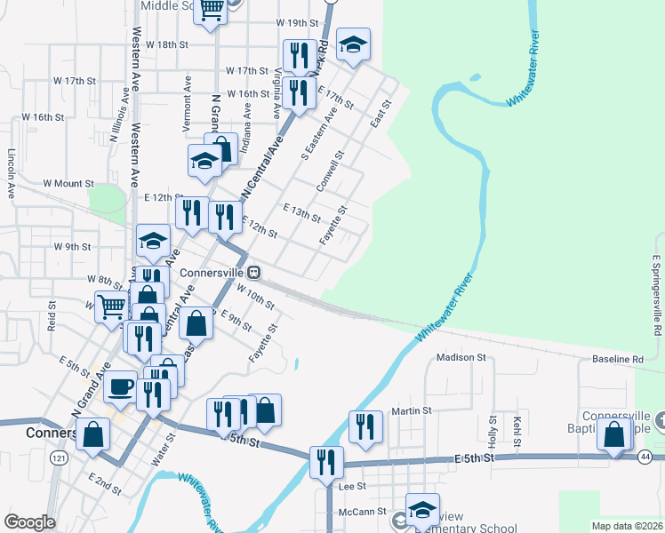map of restaurants, bars, coffee shops, grocery stores, and more near 421 East 12th Street in Connersville