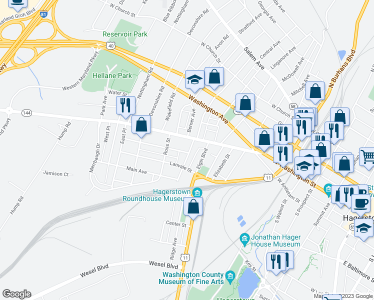map of restaurants, bars, coffee shops, grocery stores, and more near 29 Summer Street in Hagerstown