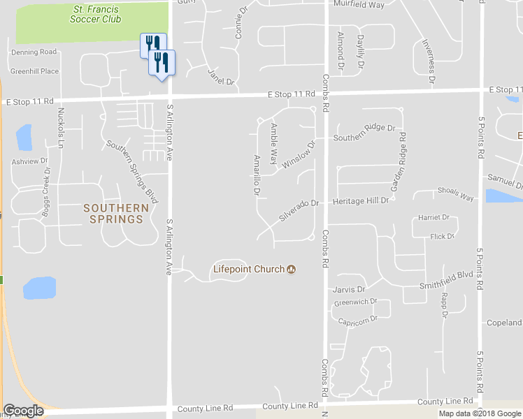 map of restaurants, bars, coffee shops, grocery stores, and more near 8343 Amarillo Drive in Indianapolis