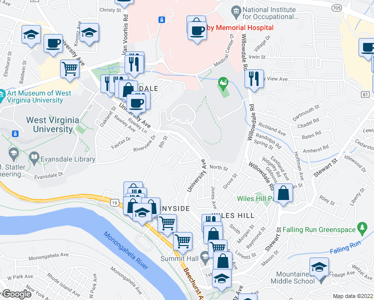 map of restaurants, bars, coffee shops, grocery stores, and more near 393 Dille Street in Morgantown