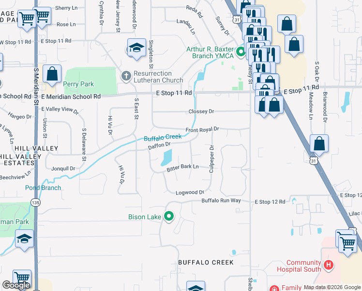 map of restaurants, bars, coffee shops, grocery stores, and more near 718 Daffon Drive in Indianapolis