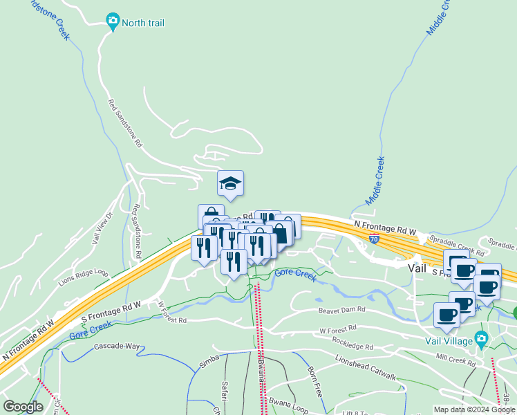 map of restaurants, bars, coffee shops, grocery stores, and more near 501 North Frontage Road West in Vail