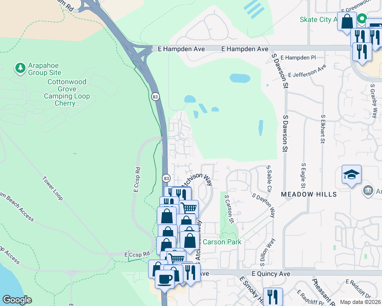 map of restaurants, bars, coffee shops, grocery stores, and more near 13834 East Lehigh Avenue in Aurora