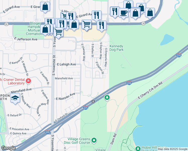 map of restaurants, bars, coffee shops, grocery stores, and more near 3855 South Dallas Street in Aurora