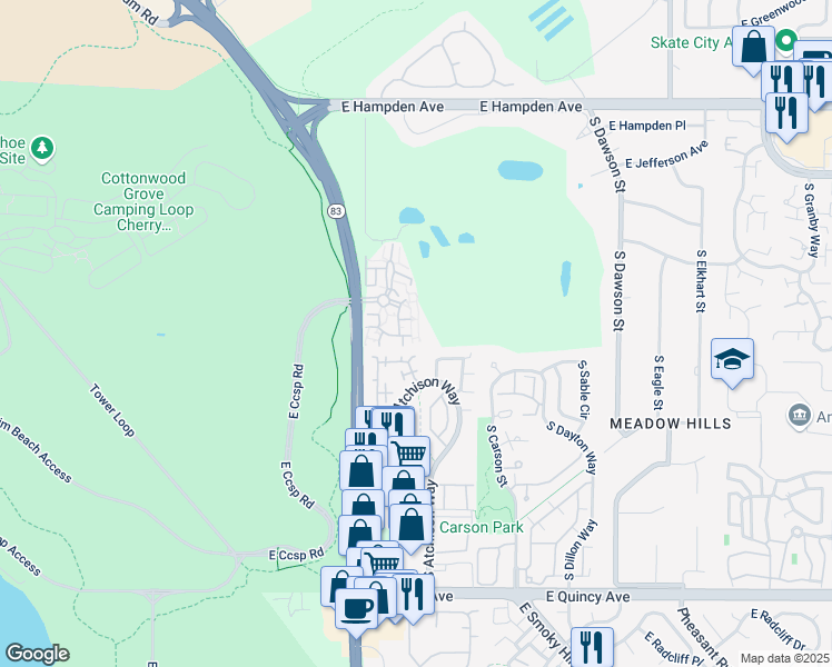 map of restaurants, bars, coffee shops, grocery stores, and more near 13834 East Lehigh Avenue in Aurora
