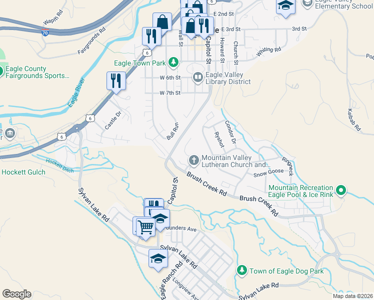 map of restaurants, bars, coffee shops, grocery stores, and more near 808 Brush Creek Court in Eagle