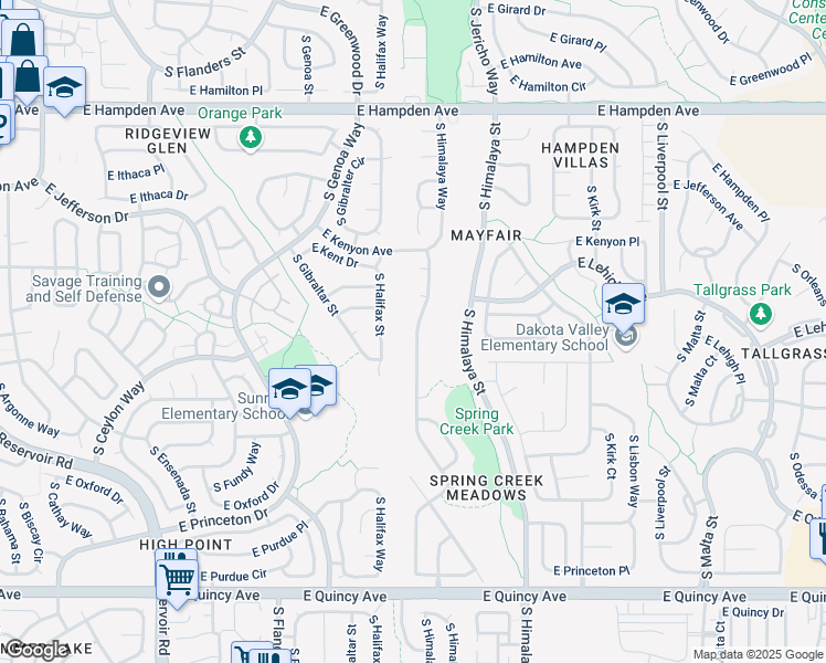 map of restaurants, bars, coffee shops, grocery stores, and more near 3859 South Himalaya Way in Aurora