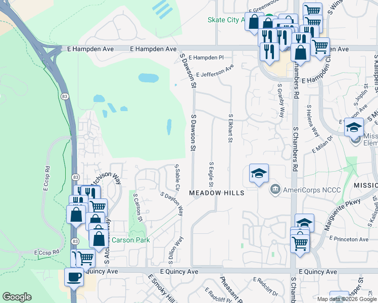 map of restaurants, bars, coffee shops, grocery stores, and more near 3886 South Dawson Street in Aurora