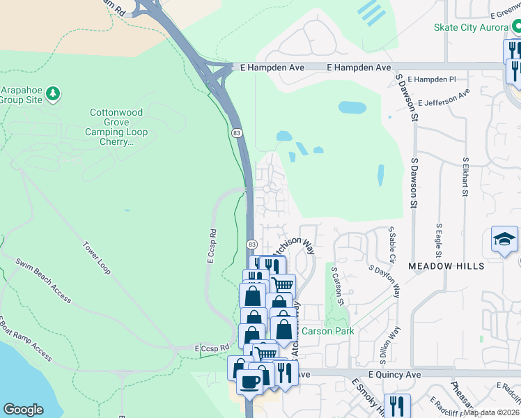 map of restaurants, bars, coffee shops, grocery stores, and more near 13732 East Lehigh Avenue in Aurora
