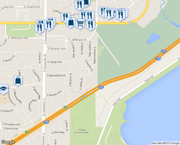 map of restaurants, bars, coffee shops, grocery stores, and more near 3865 South Dallas Circle in Aurora