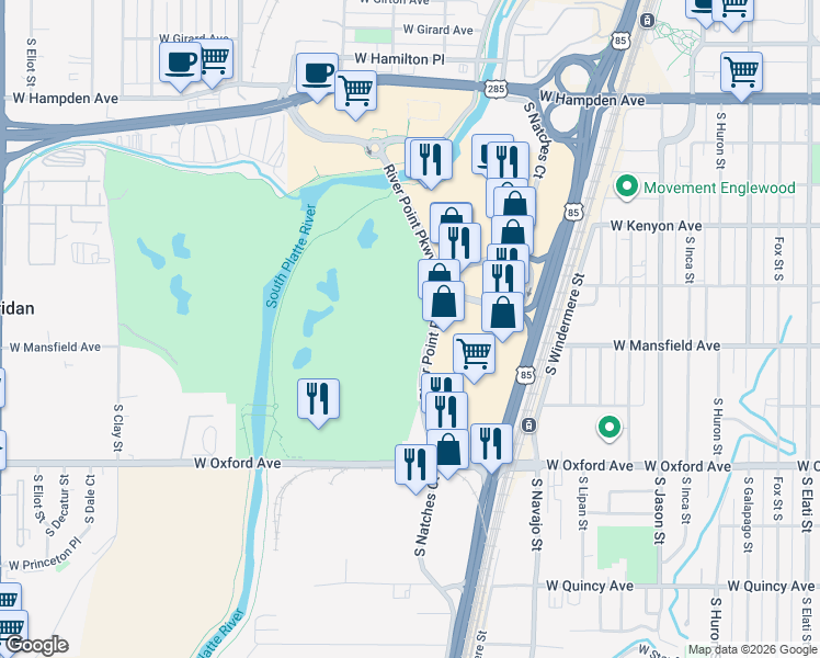map of restaurants, bars, coffee shops, grocery stores, and more near 3201 West Oxford Avenue in Englewood