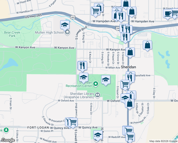 map of restaurants, bars, coffee shops, grocery stores, and more near 3866 South King Street in Denver