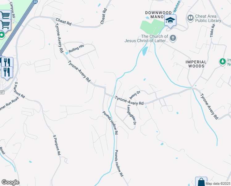 map of restaurants, bars, coffee shops, grocery stores, and more near 324 Pounds Hollow Road in Morgantown