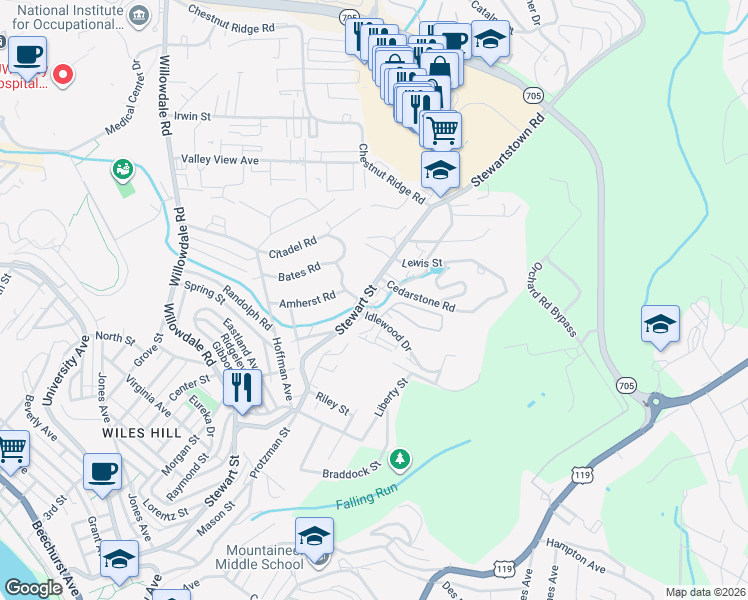 map of restaurants, bars, coffee shops, grocery stores, and more near 916 Stewart Street in Morgantown
