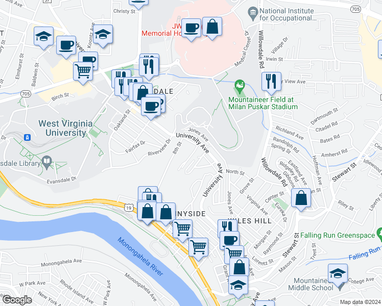 map of restaurants, bars, coffee shops, grocery stores, and more near 391 Gilmore Street in Morgantown