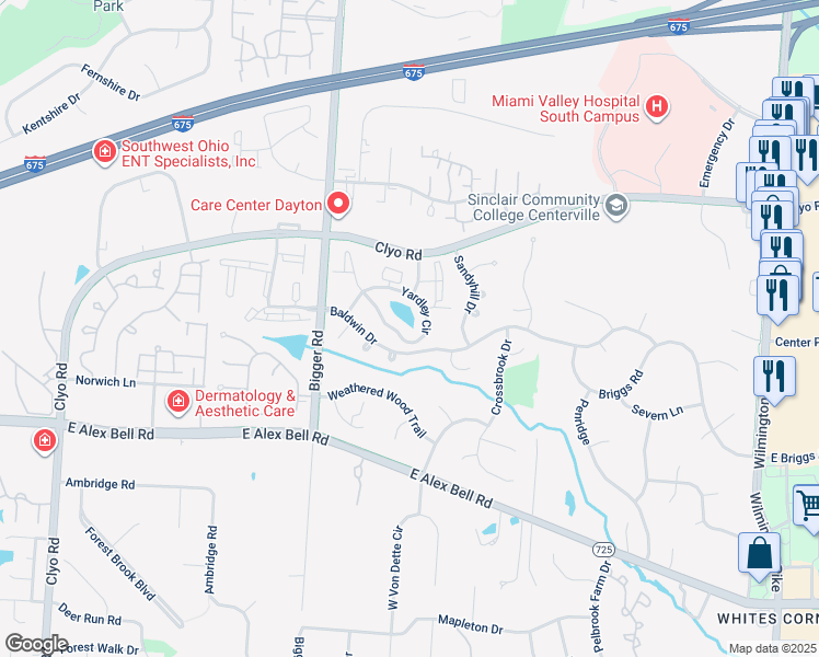 map of restaurants, bars, coffee shops, grocery stores, and more near 1762 Yardley Cir in Dayton