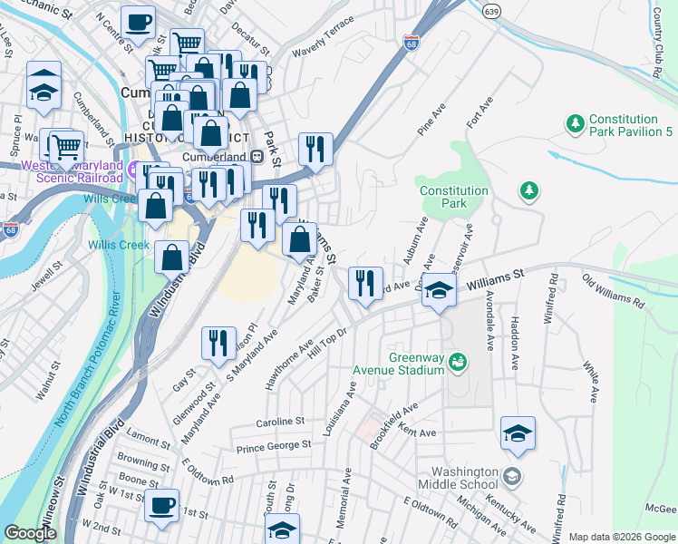 map of restaurants, bars, coffee shops, grocery stores, and more near 409 Ascension Street in Cumberland